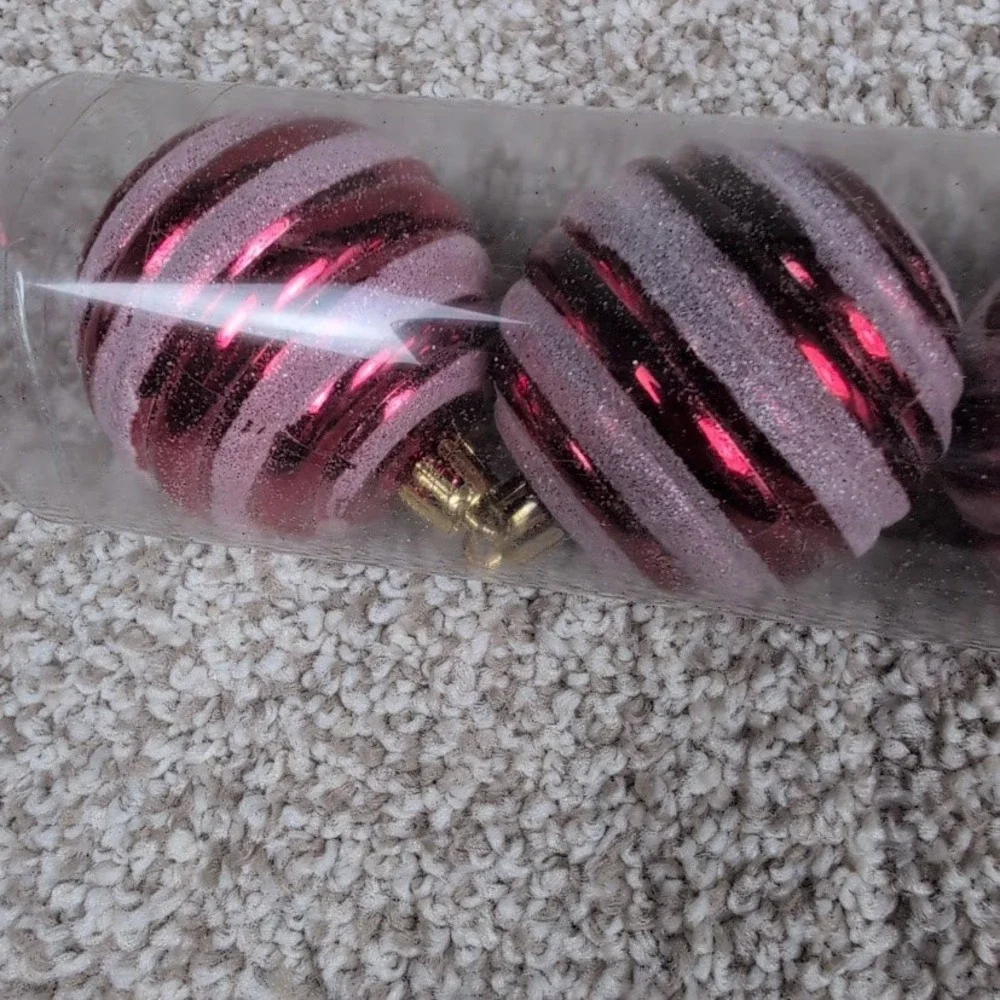 Christmas House 5pc‎ Swirl Glitter Bauble Ornaments Red Pink Gold String